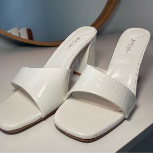 White textured block heels